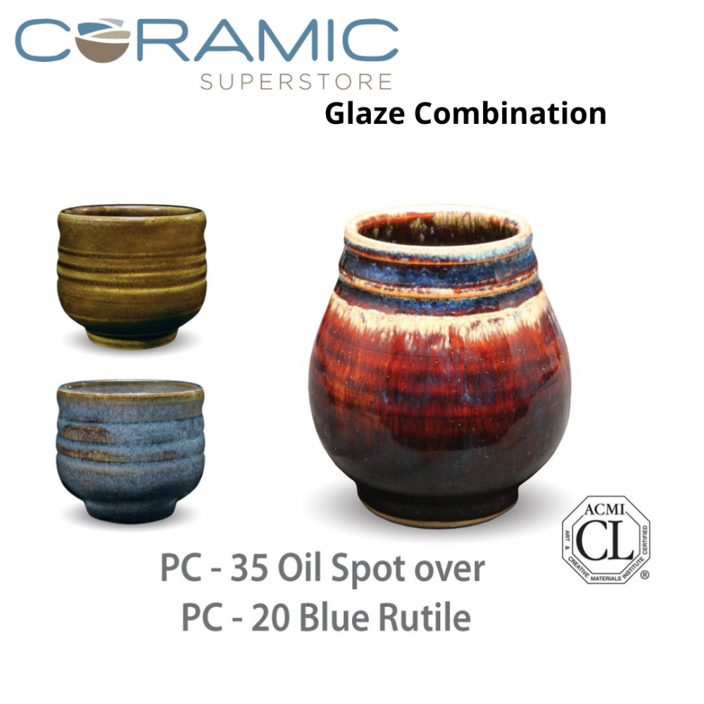 Oil Spot PC-35 over Blue Rutile PC-20 Pottery Cone 5 Glaze Combination